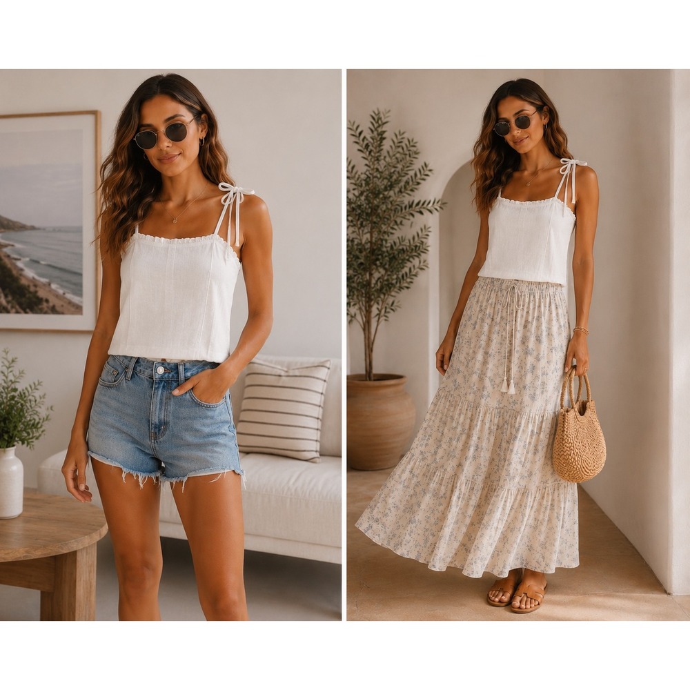 Aerie Camisole Top White Ruffle Tie Shoulder Smocked Boho Sz M